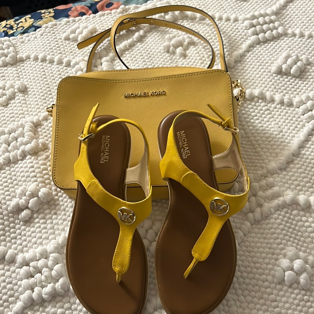 Brand new yellow Michael Kors crossbody and sandals. No tags authentic.